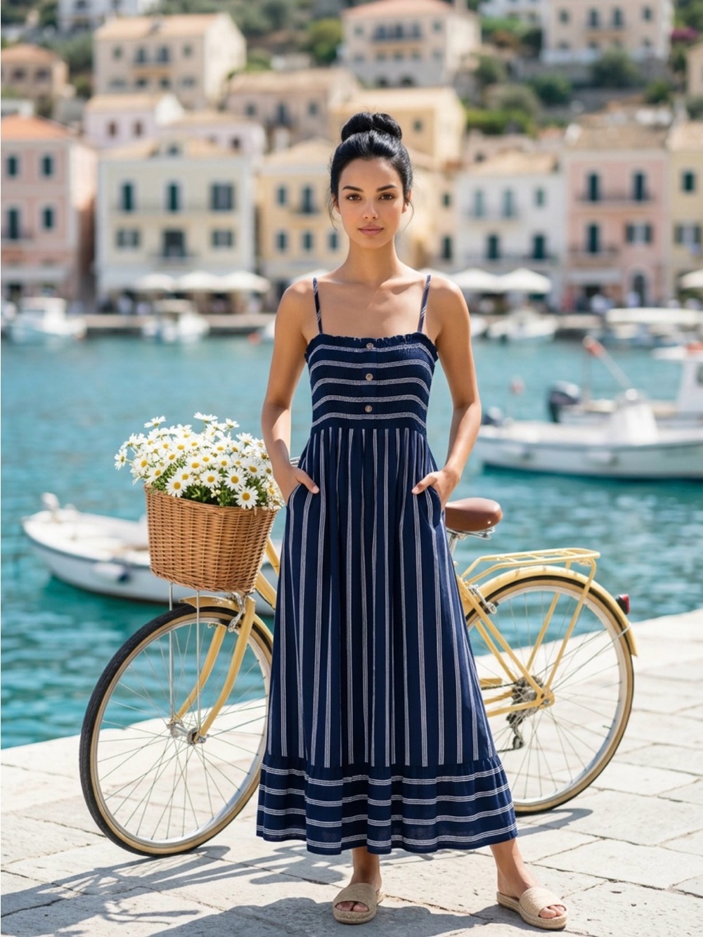IJOAH Navy Blue and White Striped Midi Dress.